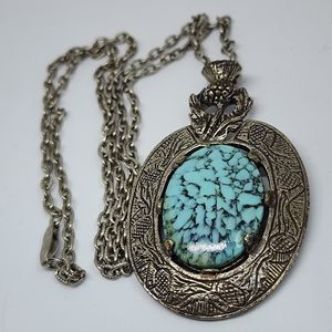 Turquoise Blue Glass Necklace with Chain Vintage Scottish thistle design signed